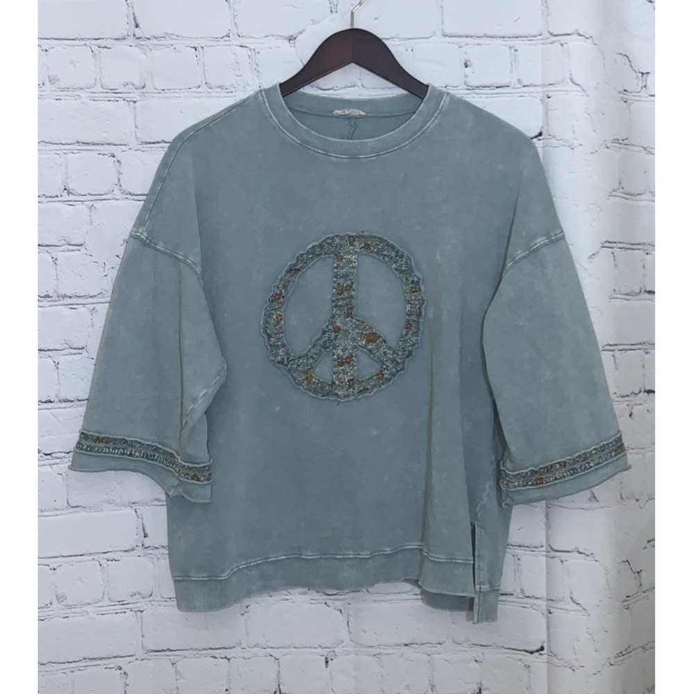 Easel Peace Sign Sweatshirt Womens Large Green Floral Graphic Terry Pullover